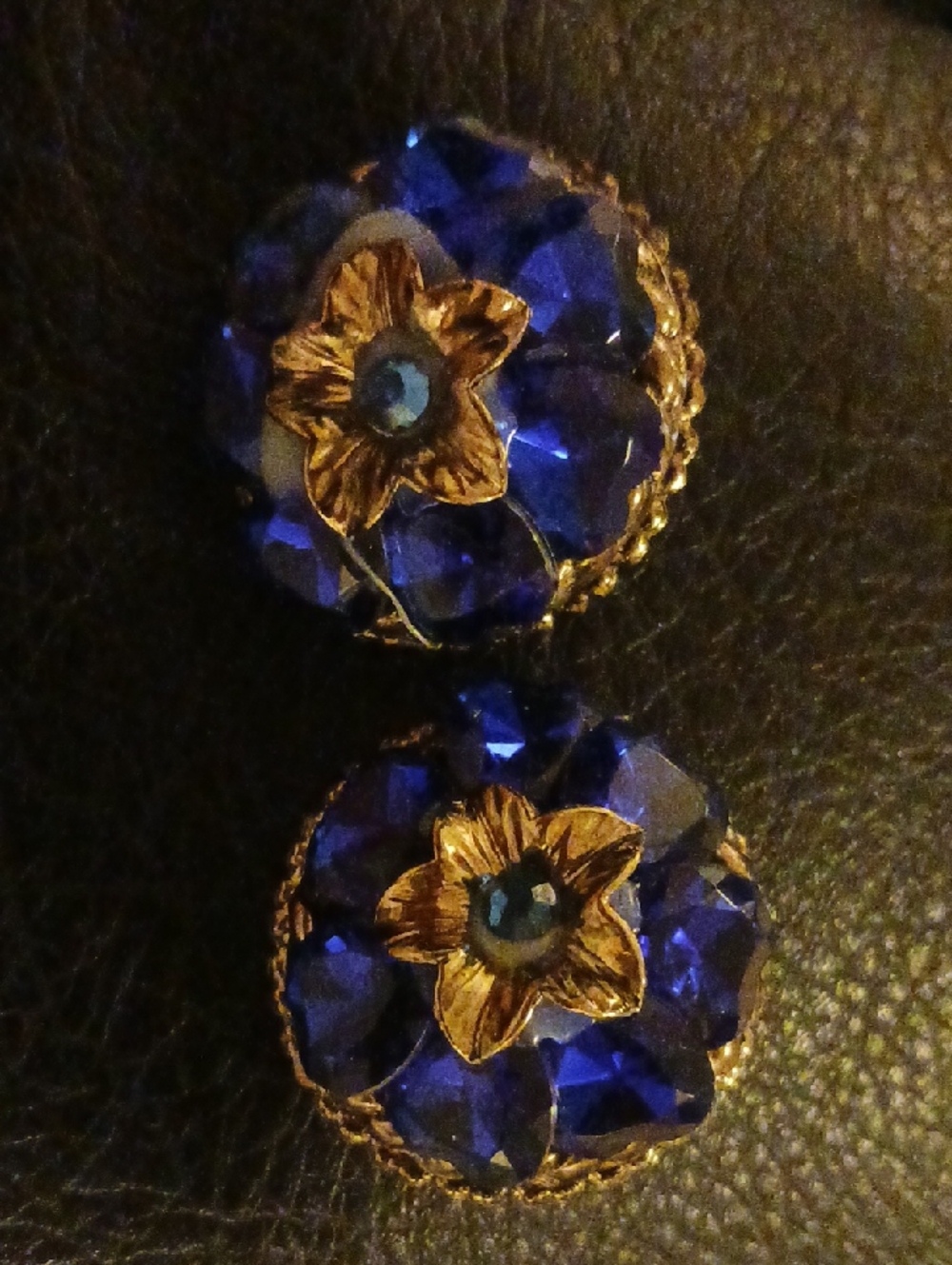 Gold Floral Accent Navy Blue Crystal Earrings